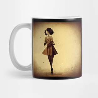 Sepia tinted vintage image of woman in a short dress on tiptoe. Mug